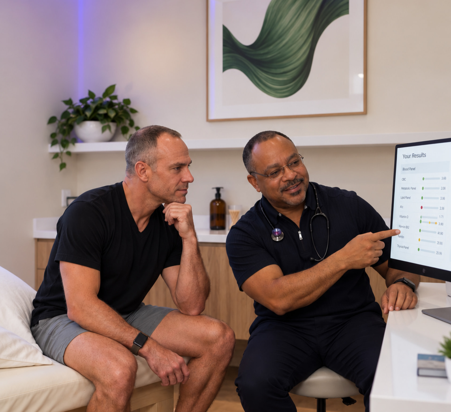 Physician reviewing blood panel results with a member